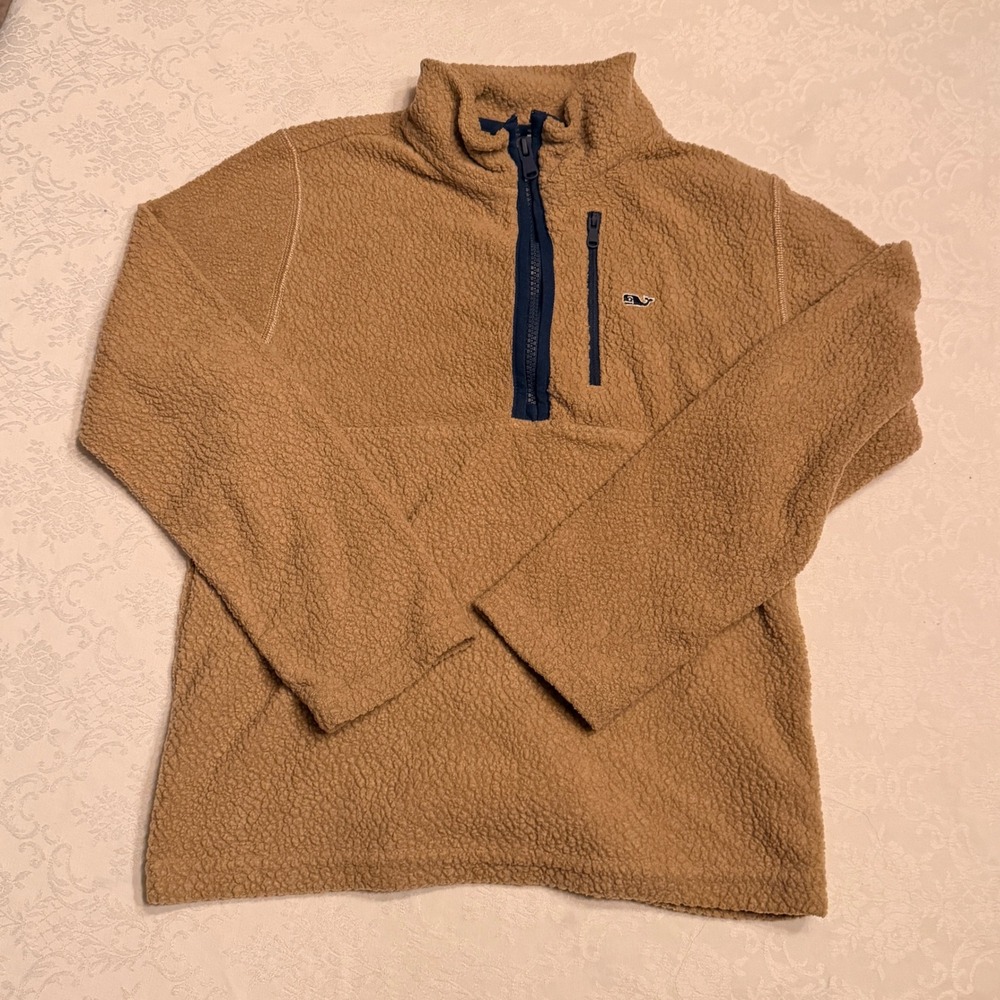 Vineyard Vines Boys Sherpa Fleece Quarter Zip Pullover Tan Navy Blue Size S 8-10